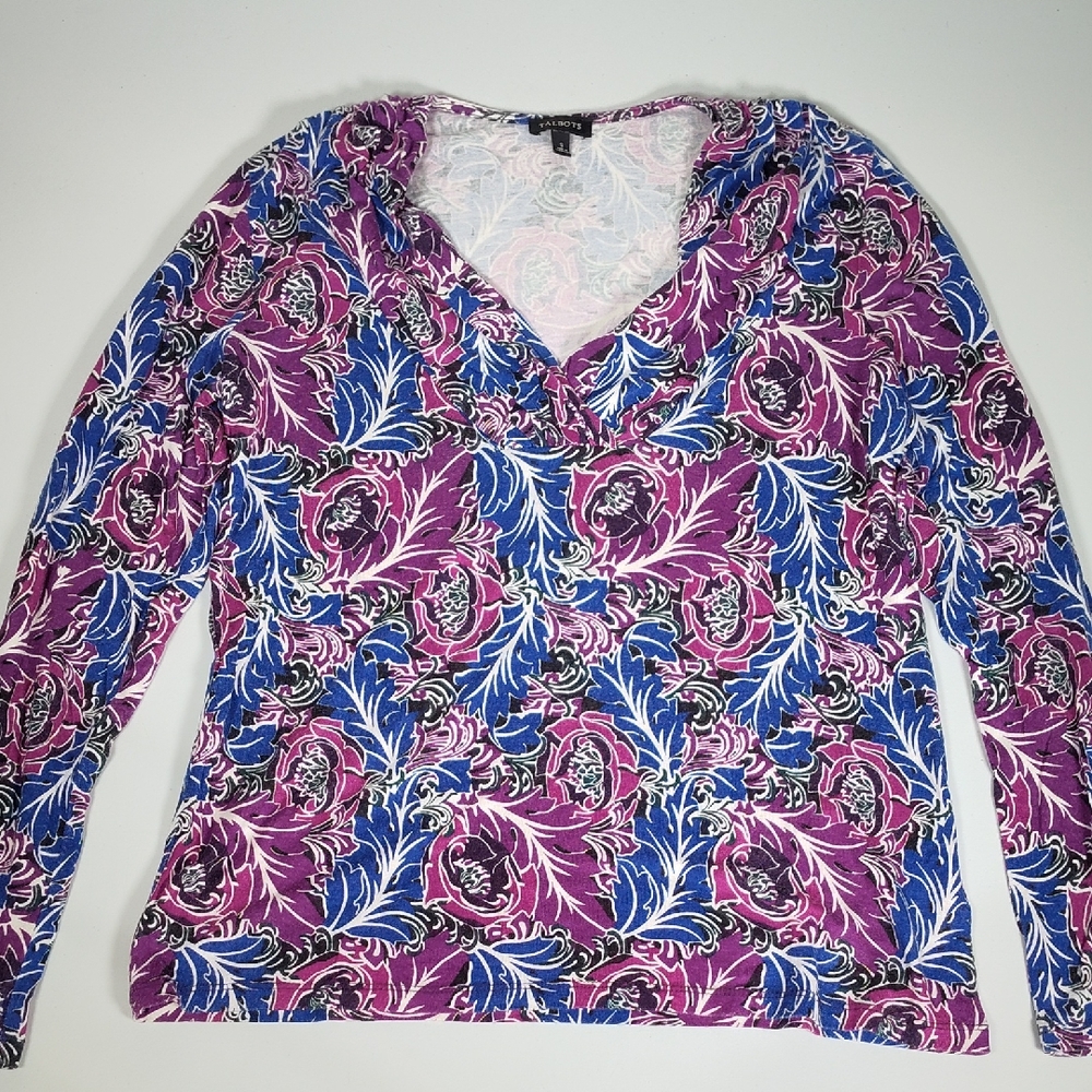 Talbots purple blue floral‎ print long sleeve tee top S